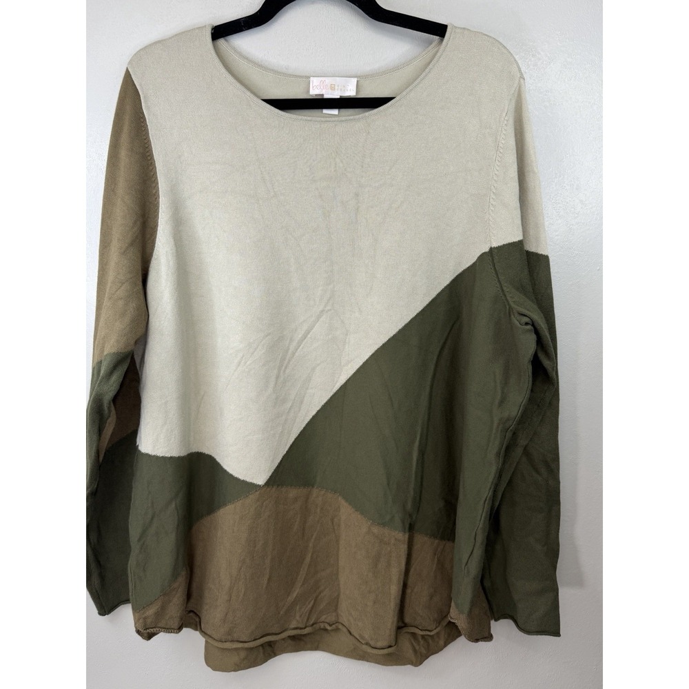 Belle By Kim Gravel Olive/cream/brown Geometric‎ Scoopneck Sweater Size XL